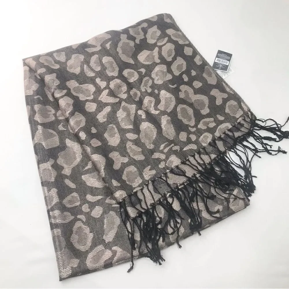 West Loop Black Taupe Metallic Leopard Print Jacquard Fringe Scarf NEW